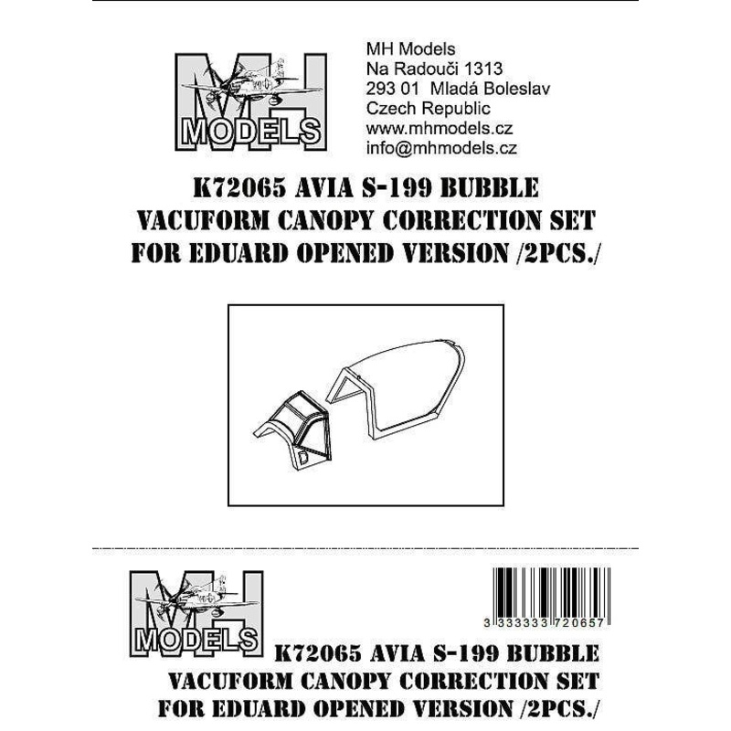 1/72 Avia S-199 Bubble vacuform canopy correction set for Eduard opened version 2pcs.