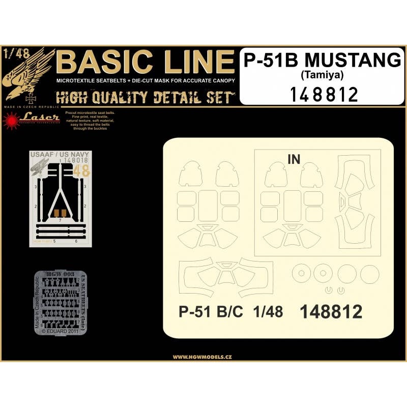 1/48 P-51B Mustang Microtextile Seatbelts + Die-Cut Mask for Accurate Canopy (for Tamiya)