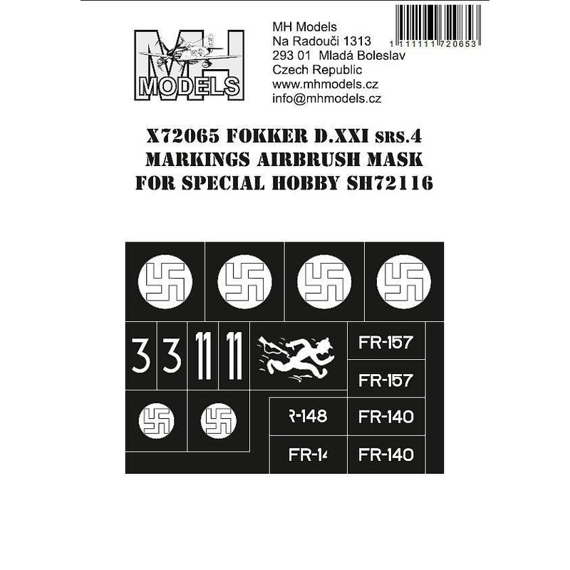 1/72 Fokker D.XXI srs.4 Markings Airbrush Mask for Special Hobby SH72116