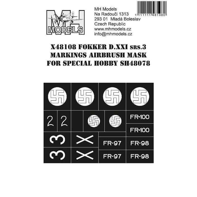 1/48 Fokker D.XXI srs.3 Markings Airbrush Mask for Special Hobby SH48078