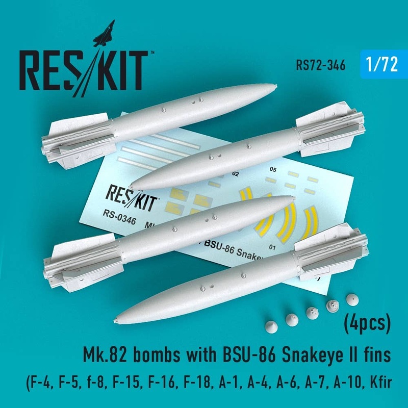 1/72 Mk.82 bombs with BSU-86 Snakeye II fins (4pcs) (F-4, F-5, F-8, F-15, F-16, F-18, A-1, A-4, A-6, A-7, A-10, Kfir) (for Academy, Hasegawa, Airfix, FineMolds, Fujimi, GWH, Italeri, Revell, Tamiya, Hobby 2000)