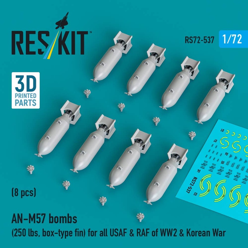 1/72 AN-M57 bombs (250 lbs, box-type fin) WW2 & Korean War (8 pcs) (3D Printed)