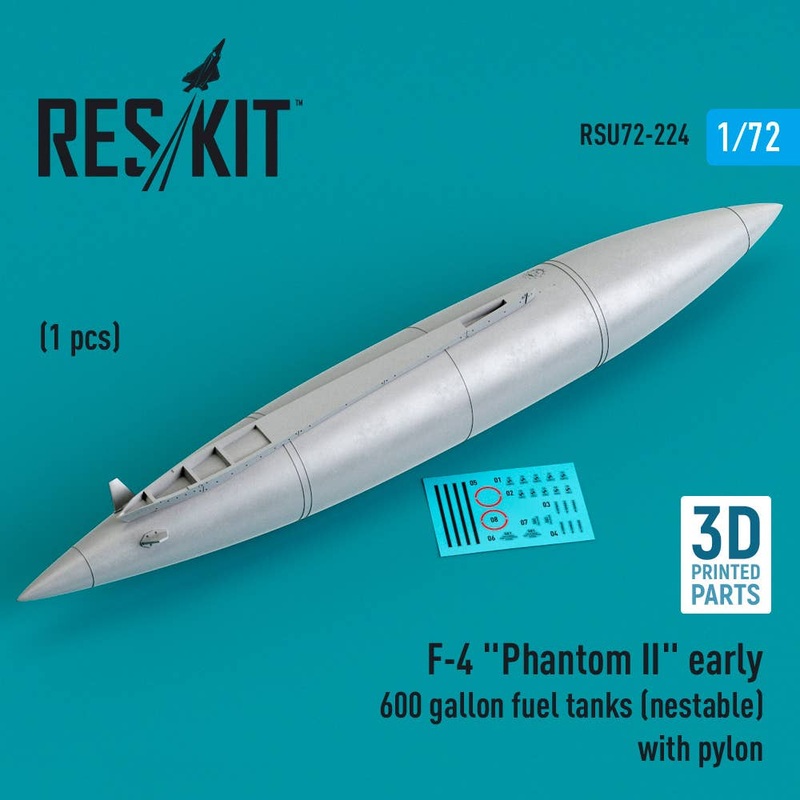 1/72 F-4 Phantom II early 600 gallon fuel tanks (nestable) with pylon (1 pcs) (3D Printed)