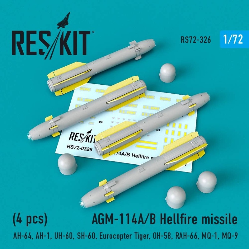 1/72 AGM-114A/B Hellfire missiles (4 pcs) (AH-64, AH-1, UH-60, SH-60, Eurocopter Tiger, OH-58, RAH-66, MQ-1, MQ-9) (for Academy, AFV Club, Airfix, Bilek, Hasegawa, Revell, Zvezda, Italeri, Fujimi, Special Hobby, DreamModel, HobbyBoss, Tamiya)