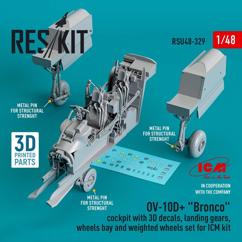 1/48 OV-10D+ Bronco Cockpit with 3D decals, landing gears, wheels bay and weighted wheels set for ICM kit (3d Printed)