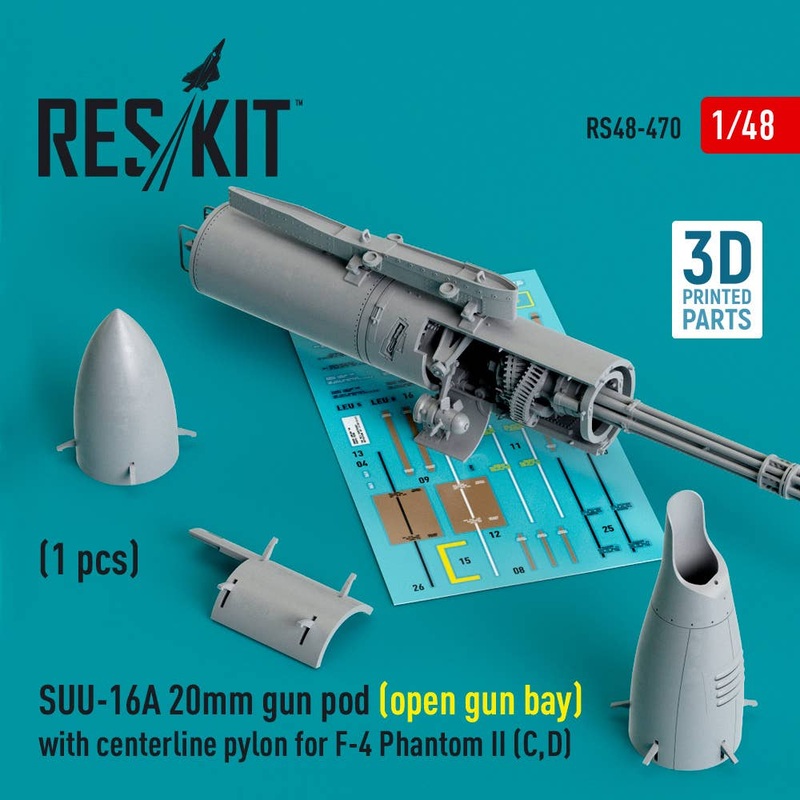 1/48 SUU-16A 20mm gun pod (open gun bay) with centerline pylon for F-4 Phantom II (C,D) (1 pcs) (3D Printed)