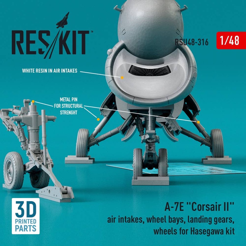 1/48 A-7E Corsair II air intakes, wheel bays, landing gears, wheels for Hasegawa kit (3D Printed)