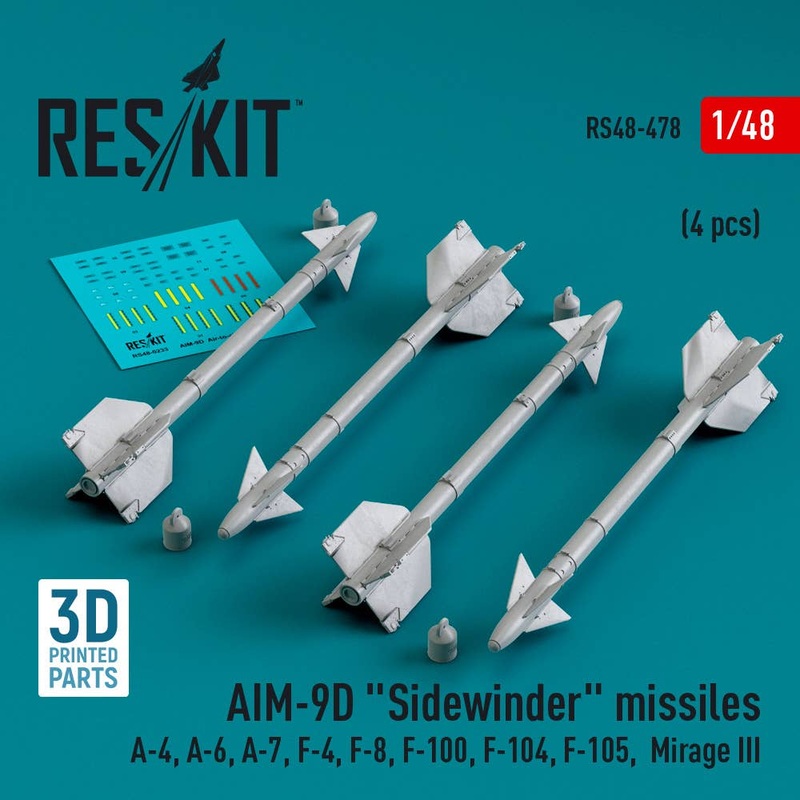 1/48 AIM-9D Sidewinder missiles (4 pcs) (A-4, A-6, A-7, F-4, F-8, F-100, F-104, F-105,  Mirage III) (3D Printed)