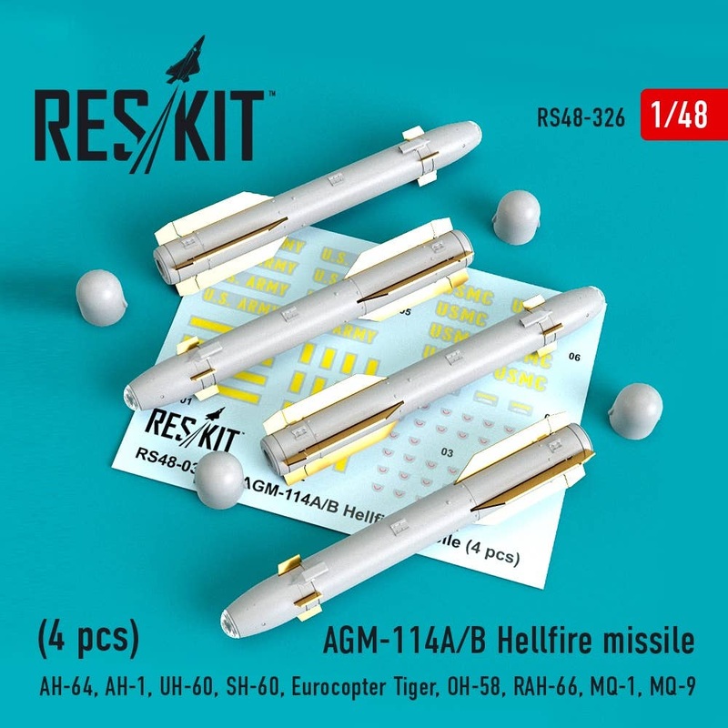 1/48 AGM-114A/B Hellfire missiles (4 pcs) (AH-64, AH-1, UH-60, SH-60, Eurocopter Tiger, OH-58, RAH-66, MQ-1, MQ-9) (for Academy, Airfix, Hasegawa, Italeri, Monogram, Revell, Italeri, HobbyBoss)