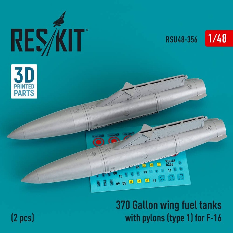 1/48 370 Gallon wing fuel tanks with pylons (type 1) for F-16 (2 pcs) (3D Printed)