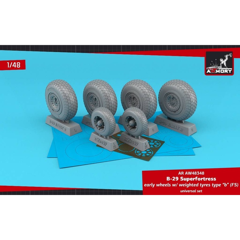 1/48 B-29 Superfortress early production wheels w/ weighted tyres type "b" (FS) & PE hubcaps (for HAS, MON, REV)
