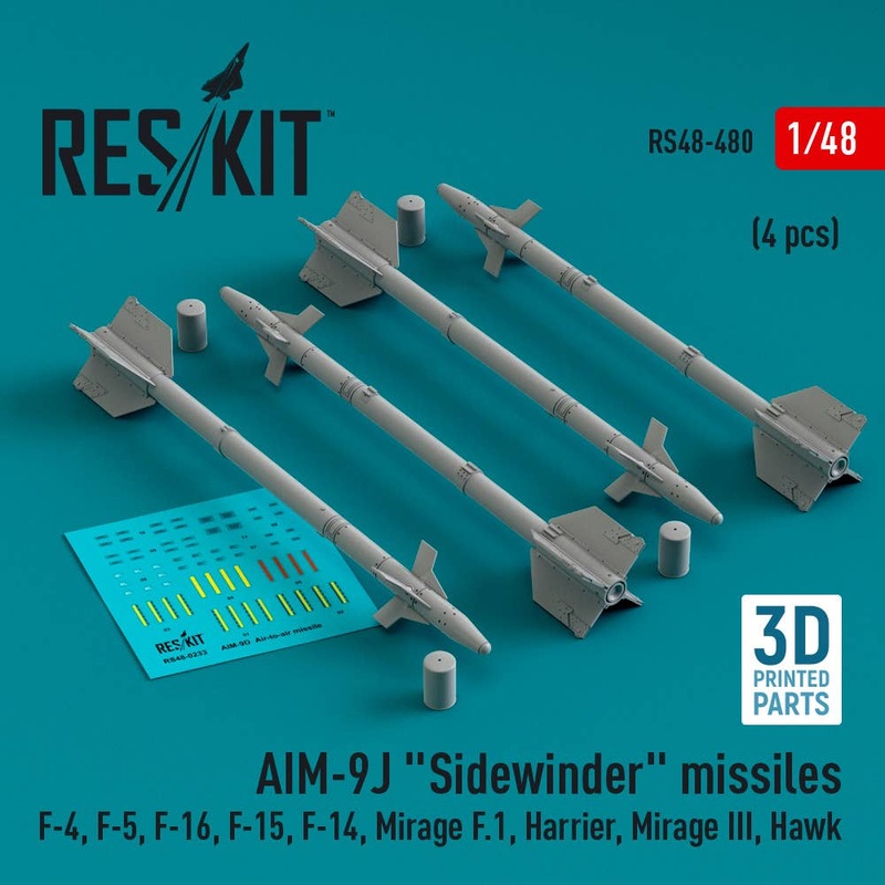 1/48 AIM-9J Sidewinder missiles (4 pcs) (F-4, F-5, F-16, F-15, F-14, Mirage F.1, Harrier, Mirage III, Hawk) (3D Printed)