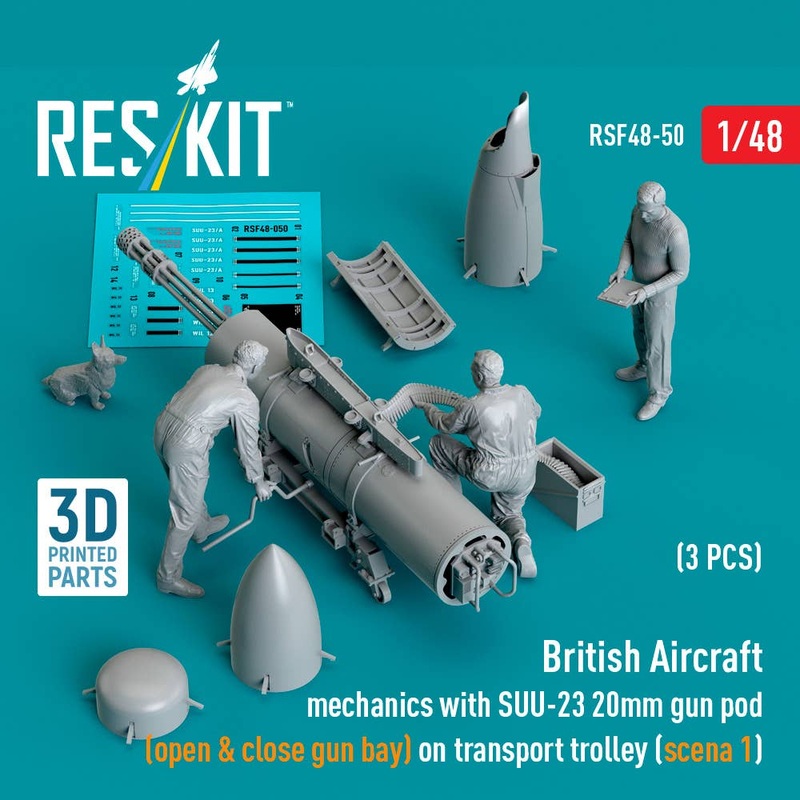 1/48 British Aircraft mechanics with SUU-23 20mm gun pod (open & close gun bay) on on transport trolley (scene 1) (3 pcs)