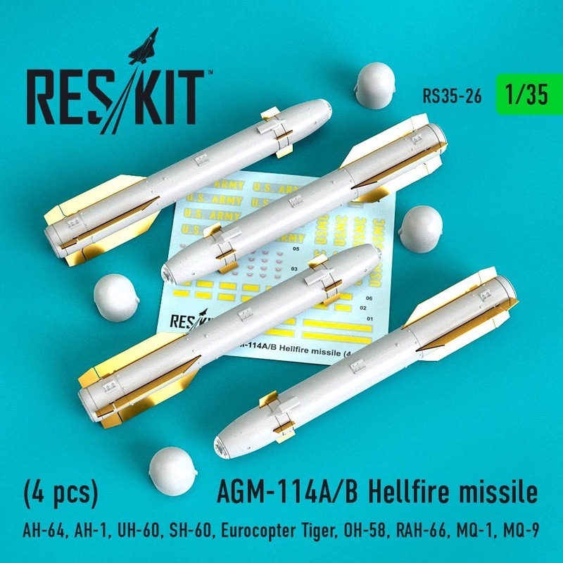 1/35 AGM-114A/B Hellfire missiles (4 pcs) (AH-64, AH-1, UH-60, SH-60, Eurocopter Tiger, OH-58, RAH-66, MQ-1, MQ-9) (for Kangnam, Academy, Italeri, AFV Club, KittyHawk)