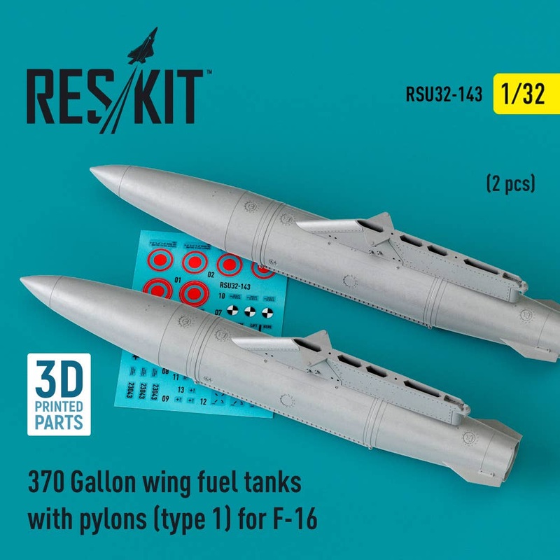 1/32 370 Gallon wing fuel tanks with pylons (type 1) for F-16 (2 pcs) (3D Printed)