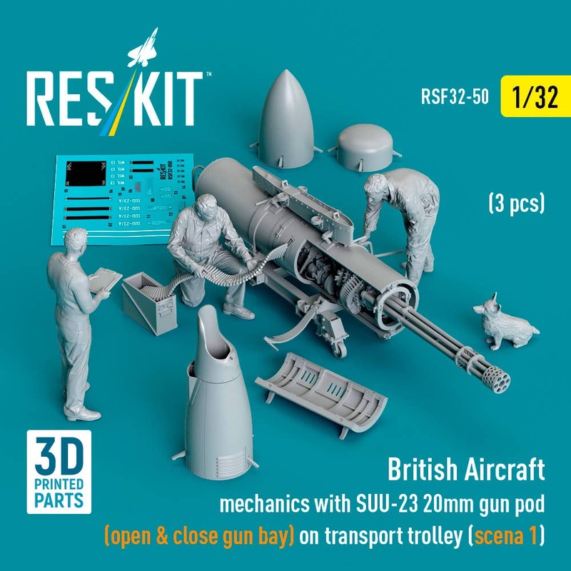1/32 British Aircraft mechanics with SUU-23 20mm gun pod (open & close gun bay) on on transport trolley (scene 1) (3 pcs)