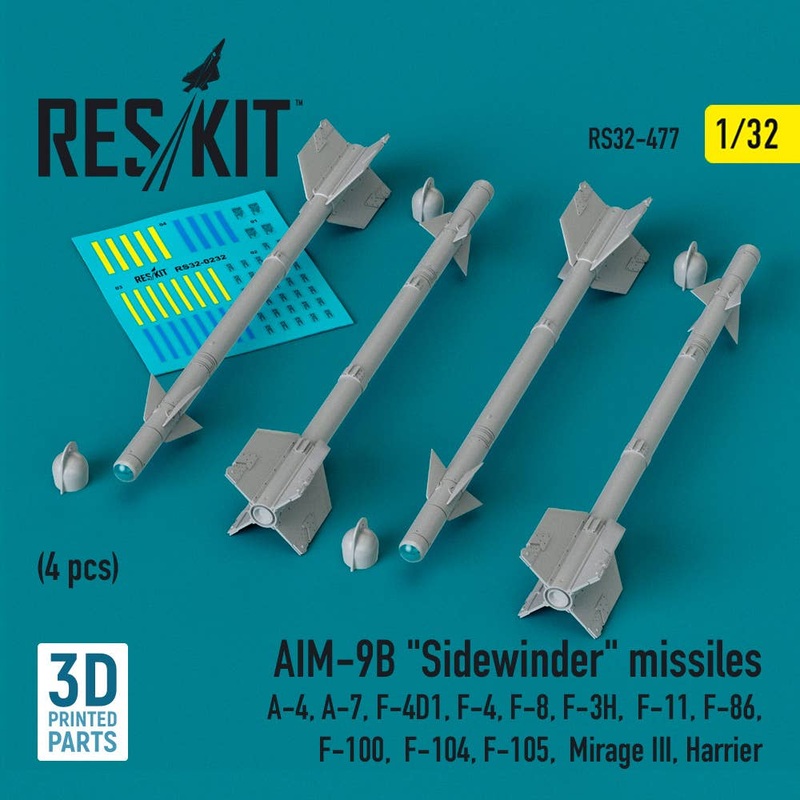 1/32 AIM-9B Sidewinder missiles (4 pcs) (A-4, A-7, F-4D1, F-4, F-8, F-3H,  F-11, F-86,F-100,  F-104, F-105,  Mirage III, Harrier) (3D Printed)