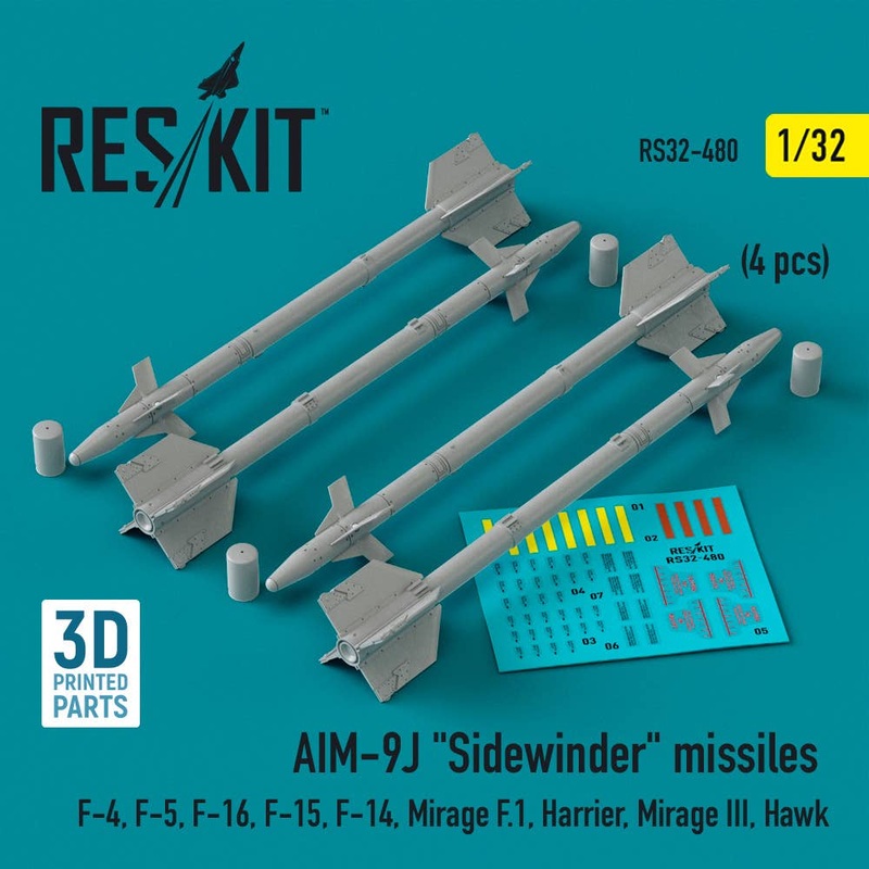 1/32 AIM-9J Sidewinder missiles (4 pcs) (F-4, F-5, F-16, F-15, F-14, Mirage F.1, Harrier, Mirage III, Hawk) (3D Printed)