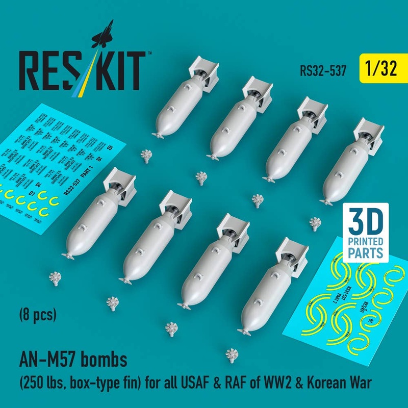 1/32 AN-M57 bombs (250 lbs, box-type fin) WW2 & Korean War (8 pcs) (3D Printed)