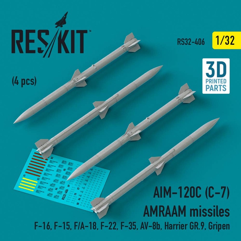 1/32 AIM-120C (C-7) AMRAAM missiles (4 pcs) (F-16, F-15, F/A-18, F-22, F-35, AV-8b, Harrier GR.9, Gripen) (3D Printed)