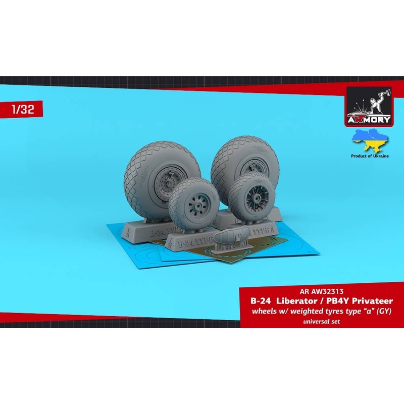 1/32 B-24 Liberator / PB4Y Privateer Wheels w/ Weighted Tires Type A (GY), 2 Types Nose Wheels, 3D-Printed Mudguard & PE Hubcaps
