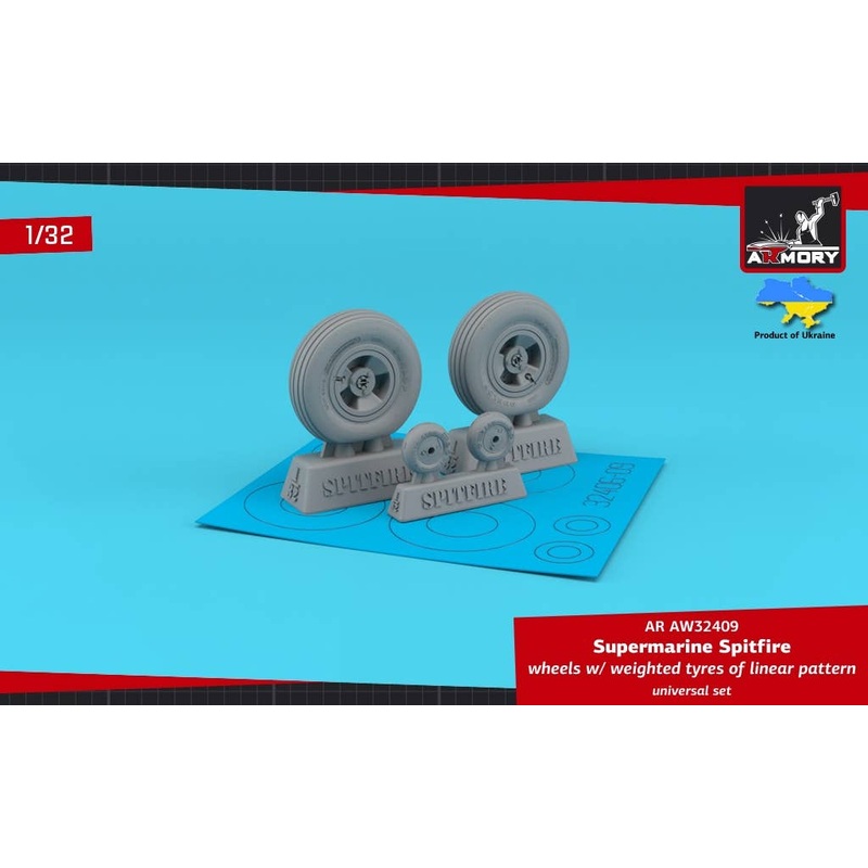 1/32 Supermarine Spitfire wheels w/ weighted tyres of linear pattern & 3-spoke hubs