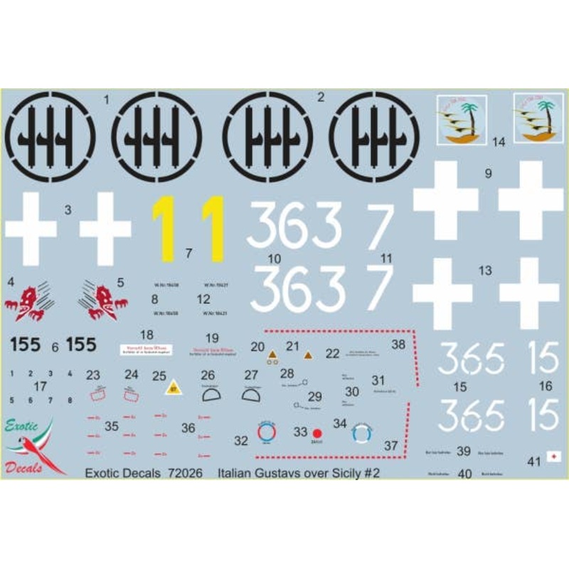 1/72  Italian Gustavs over Sicily #2 - Bf 109G in Regia Aeronautica part 2 (3 different markings of 3 different planes - decals enough for one model only)