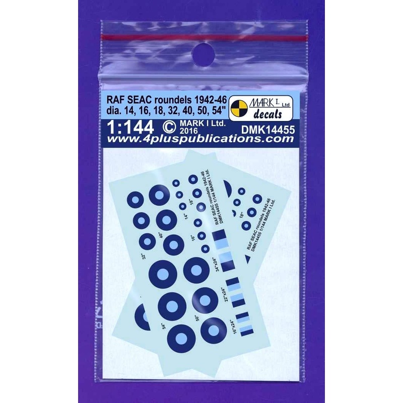 1/144 RAF SEAC Roundels 1942-46, (Dia 14,16,18,32,40,50,54" + Fin Flash) 2 Sets