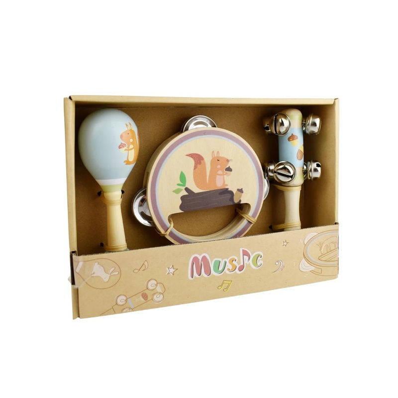 WOODEN 3PC MUSICAL SET SQUIRREL