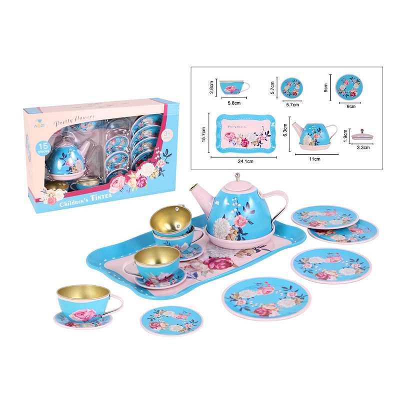 TEA SET 15PC TIN BLUE & PINK FLORAL