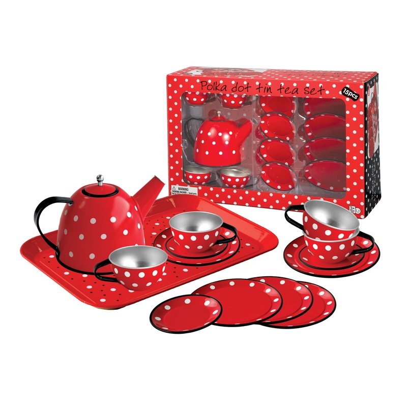 TEA SET TIN 15 PC RED POLKA DOT BLK TRIM