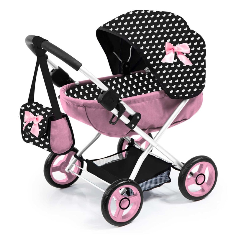 BAYER DOLL PRAM COSY PNK/BLK P/BOW