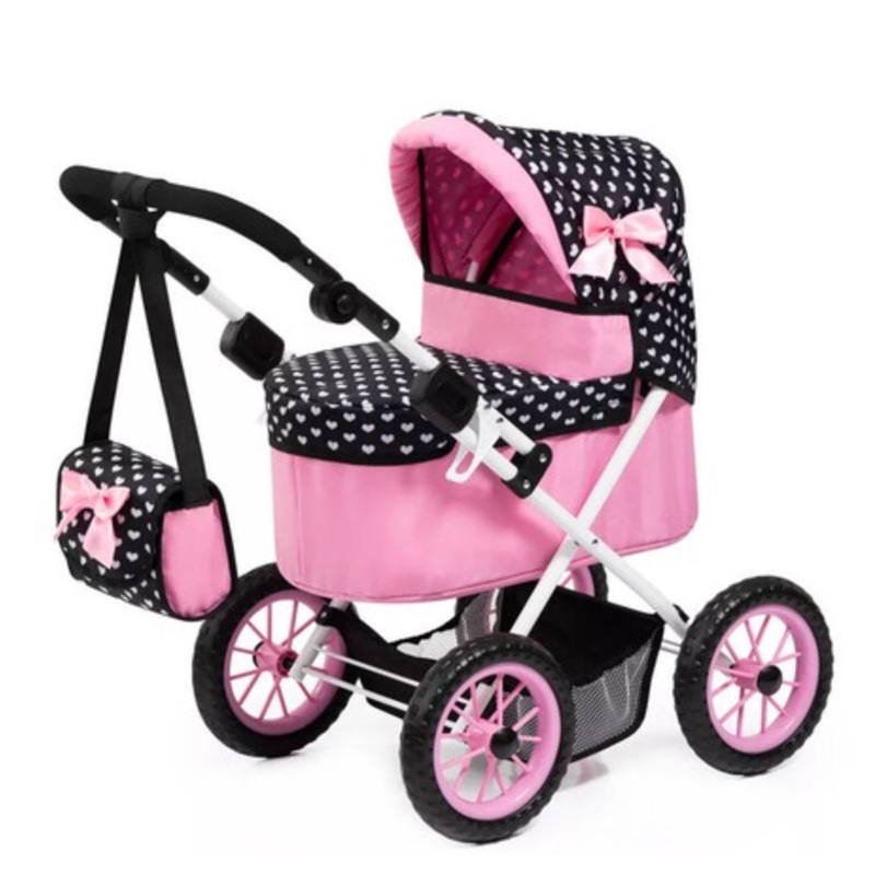 BAYER TRENDY DOLL PRAM PNK/BLK HOOD BOW