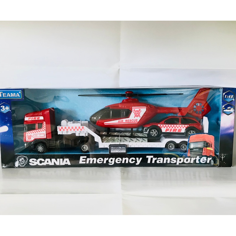 FLATBED TRUCK W EMERGENCY SERVICE HELICO
