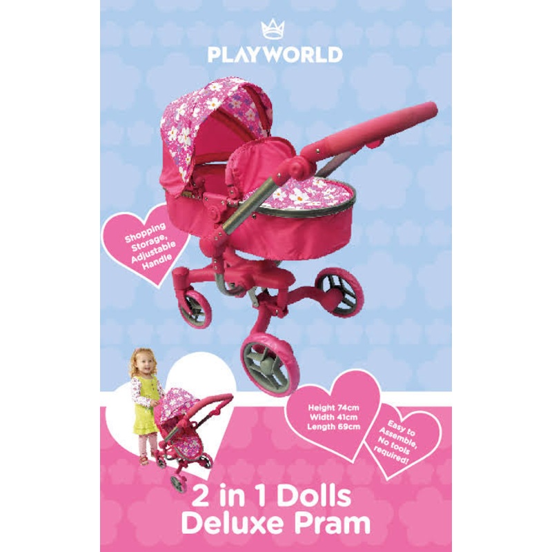DOLL PRAM PINK W FLOWERS DLX 2 IN 1 PRAM
