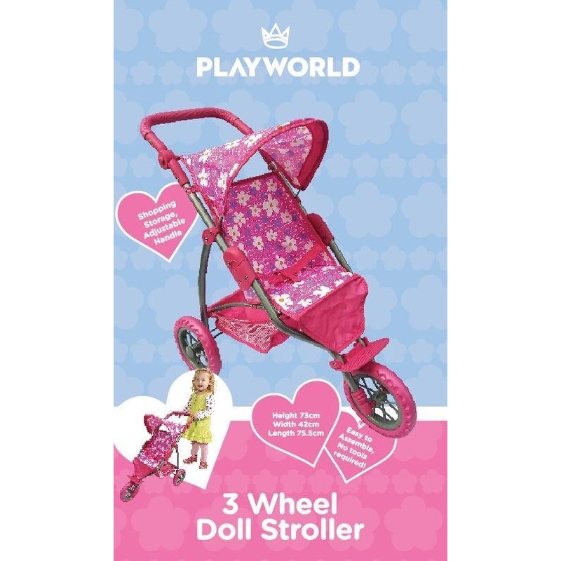 DOLL STROLLER 3 WHEEL PINK W FLOWERS