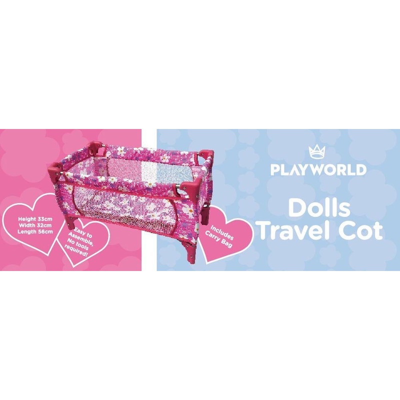 DOLL TRAVEL COT PINK W FLOWERS
